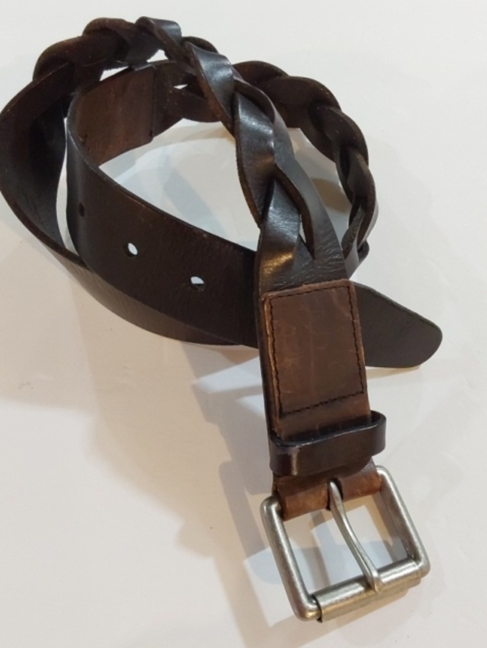 Talbots| Womens Dark Brown Premium Leather Woven Belt Silver Roll Buckle Xs - S
